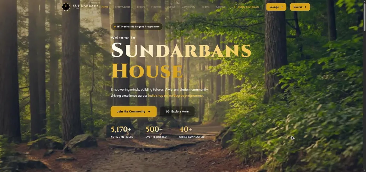 The house home page — the membership, events and cities it spans, stated up front