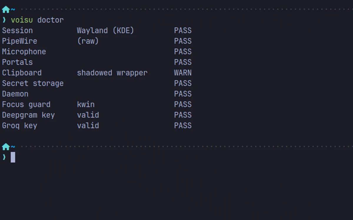 voisu doctor — every capability the daemon depends on, checked live against the running desktop