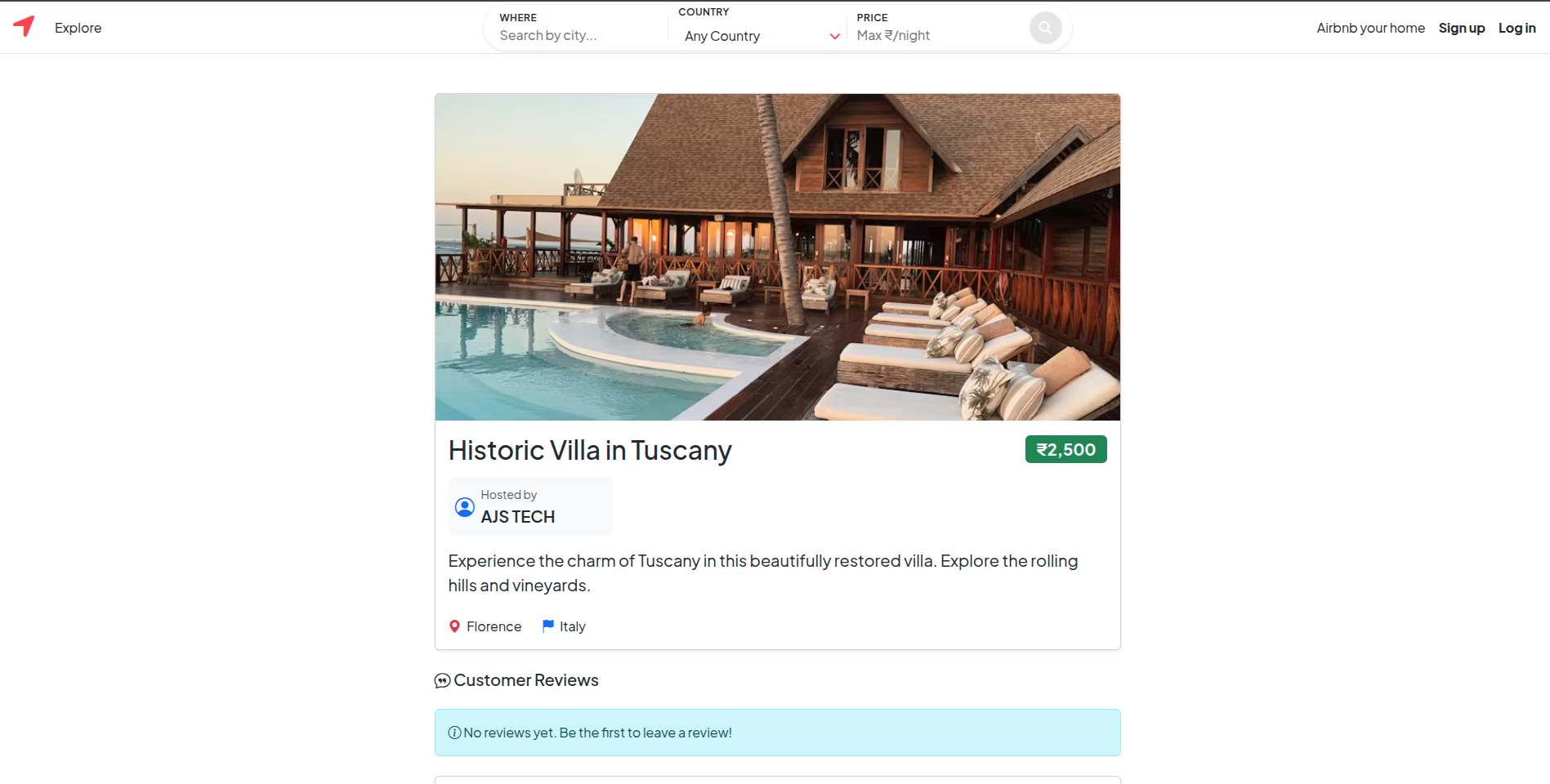 Listing detail: a property page with pricing, host context and location evidence.